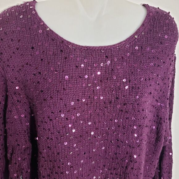 Maggie Sweet Womens Sweater Large Purple Sequin Knit Pullover Crew Neck Long Slv - Picture 4 of 8